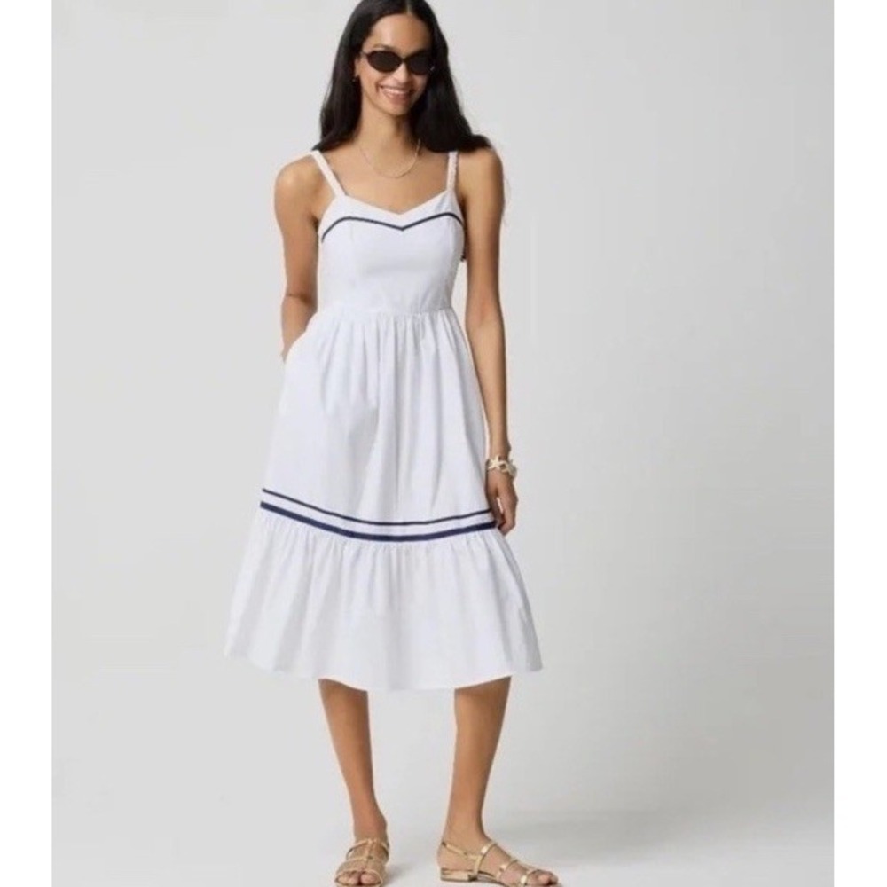 NWT J Crew Corset White Midi Dress Contrast Navy Trim Sz 6 Nautical Beach Boho
